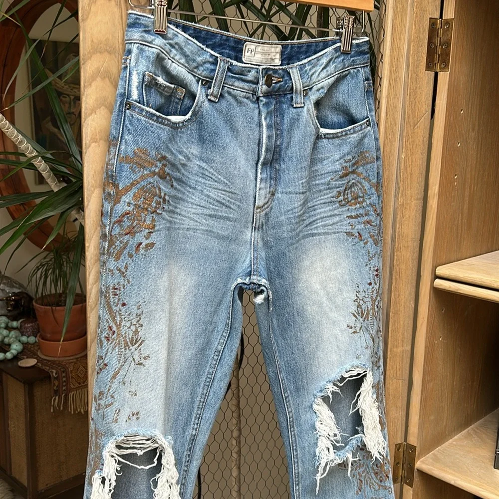 Free People Distressed Gold Paint Stencil Denim Jeans